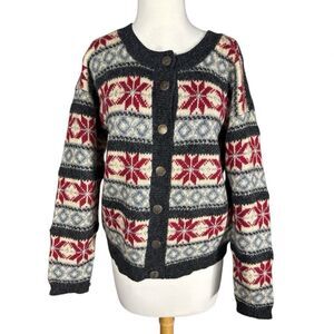 Paul Harris Shetland Wool Nordic Snowflake Button Up Cardigan Sweater Jacket